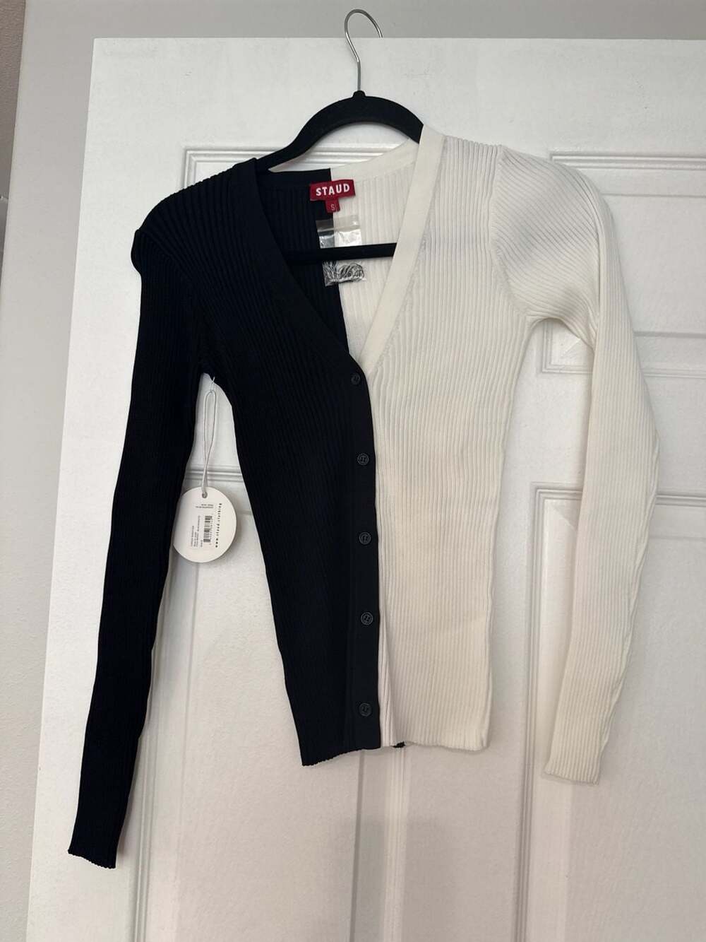 Staud Shoko Two-Tone Colorblock Ribbed Cardigan - Black/White